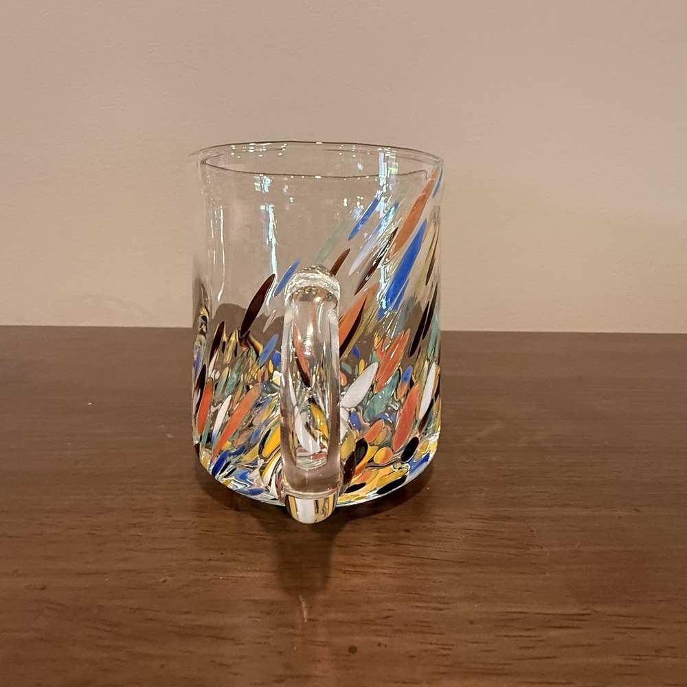 Hand Blown Art Glass Mug Multicolor Confetti Frit Clear Handle Studio Glass 4.5" - Picture 3 of 8